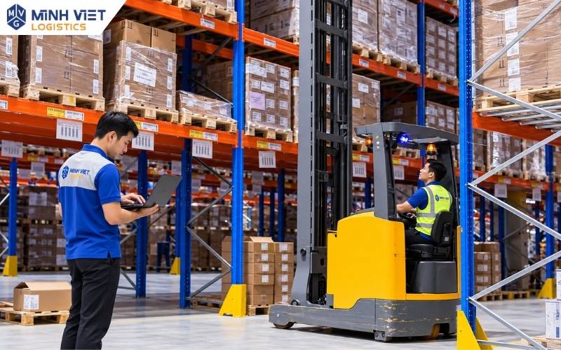 Nhân viên và xe nâng bố trí pallet hàng hóa đúng vị trí trong kho chung Minh Việt Logistics