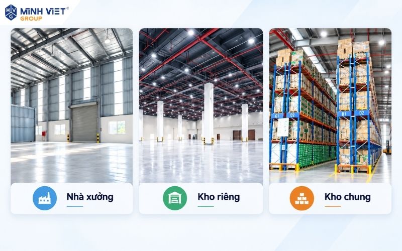 Kho chung, kho riêng và nhà xưởng đáp ứng các nhu cầu sử dụng khác nhau