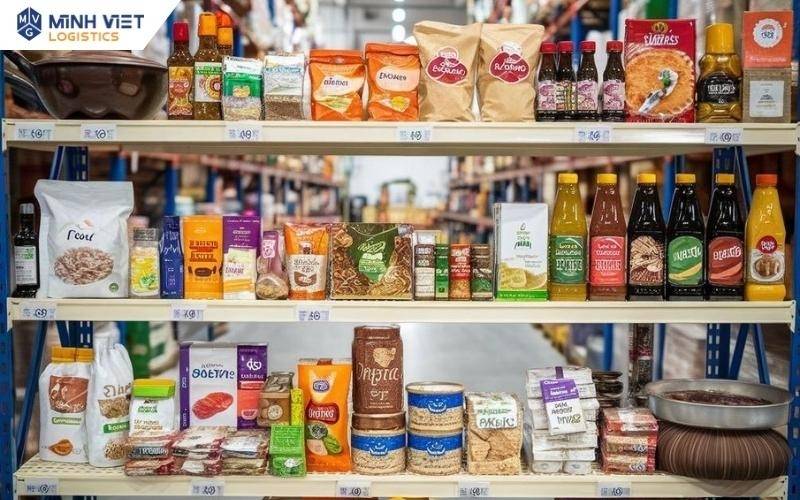 Các nhóm thực phẩm khô gồm ngũ cốc, bánh kẹo, gia vị và thực phẩm đóng gói