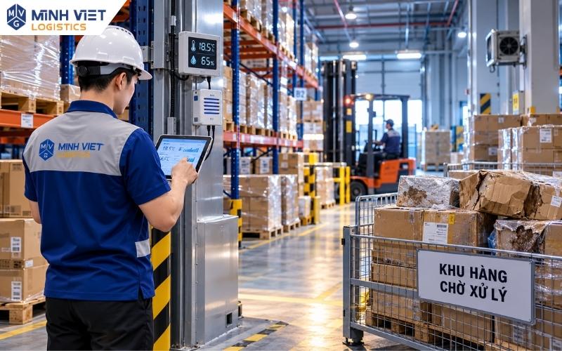 Nhân viên Minh Việt Logistics kiểm tra nhiệt độ độ ẩm và xử lý hàng hóa bất thường trong kho
