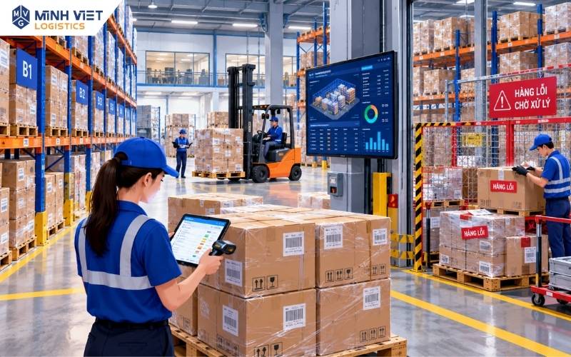 Nhân viên theo dõi tồn kho bằng thiết bị quét mã cạnh khu hàng lỗi chờ xử lý