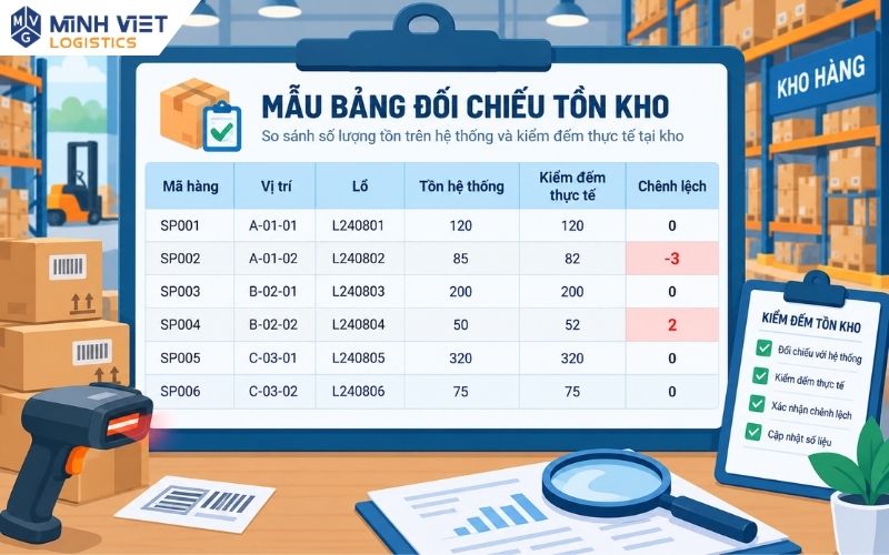 Mẫu bảng đối chiếu số liệu kiểm kê hàng tồn kho