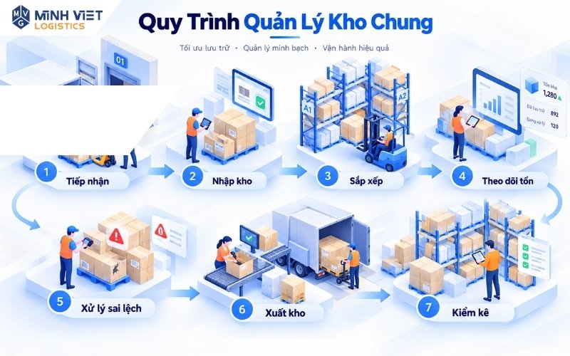 Tổng quan quy trình quản lý kho chung từ tiếp nhận, nhập kho đến xuất hàng và kiểm kê