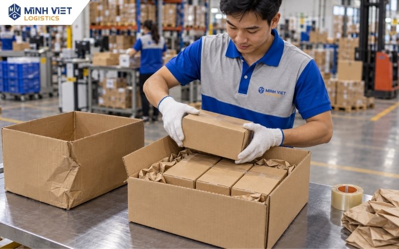 Kiểm tra kiện hàng sau khi đóng gói lại tại kho