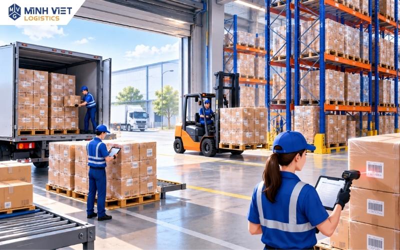 Nhân viên kiểm đếm và quét mã hàng trước khi xe nâng đưa pallet vào vị trí lưu trữ