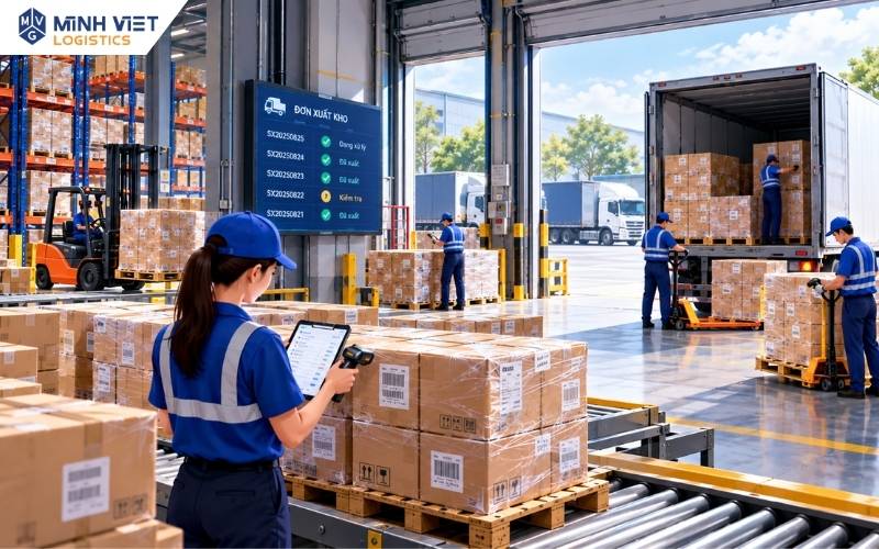 Nhân viên kiểm đếm hàng tại khu xuất kho và đối chiếu số liệu kiểm kê trước khi bàn giao