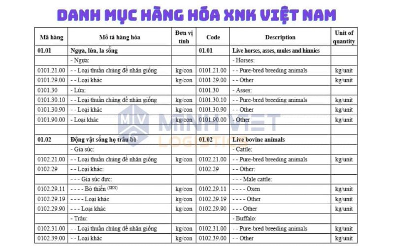 Danh mục hàng hóa XNK Việt Nam
