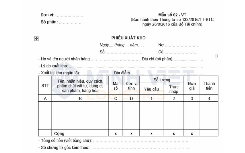 Mẫu Phiếu xuất kho theo Thông tư 133/2016/TT-BTC