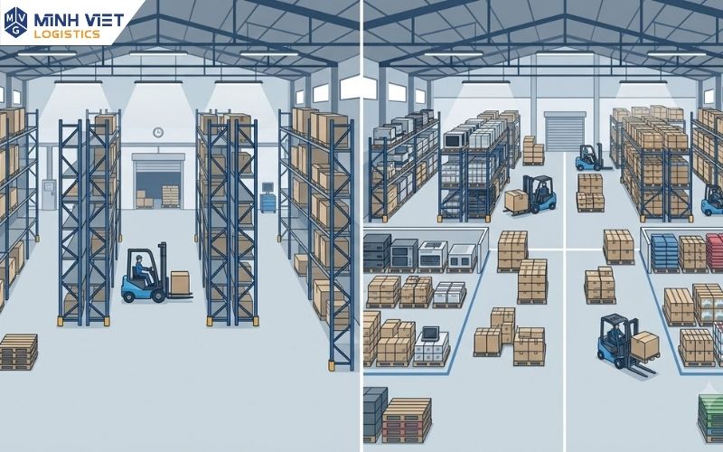 So sánh mức độ sử dụng sức chứa giữa kho riêng và kho chung