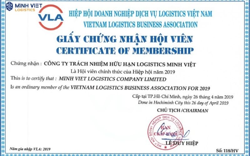 MINH VIỆT LOGISTICS CHÍNH THỨC GIA NHẬP HỘI DOANH NGHIỆP DỊCH VỤ LOGISTICS VIỆT NAM
